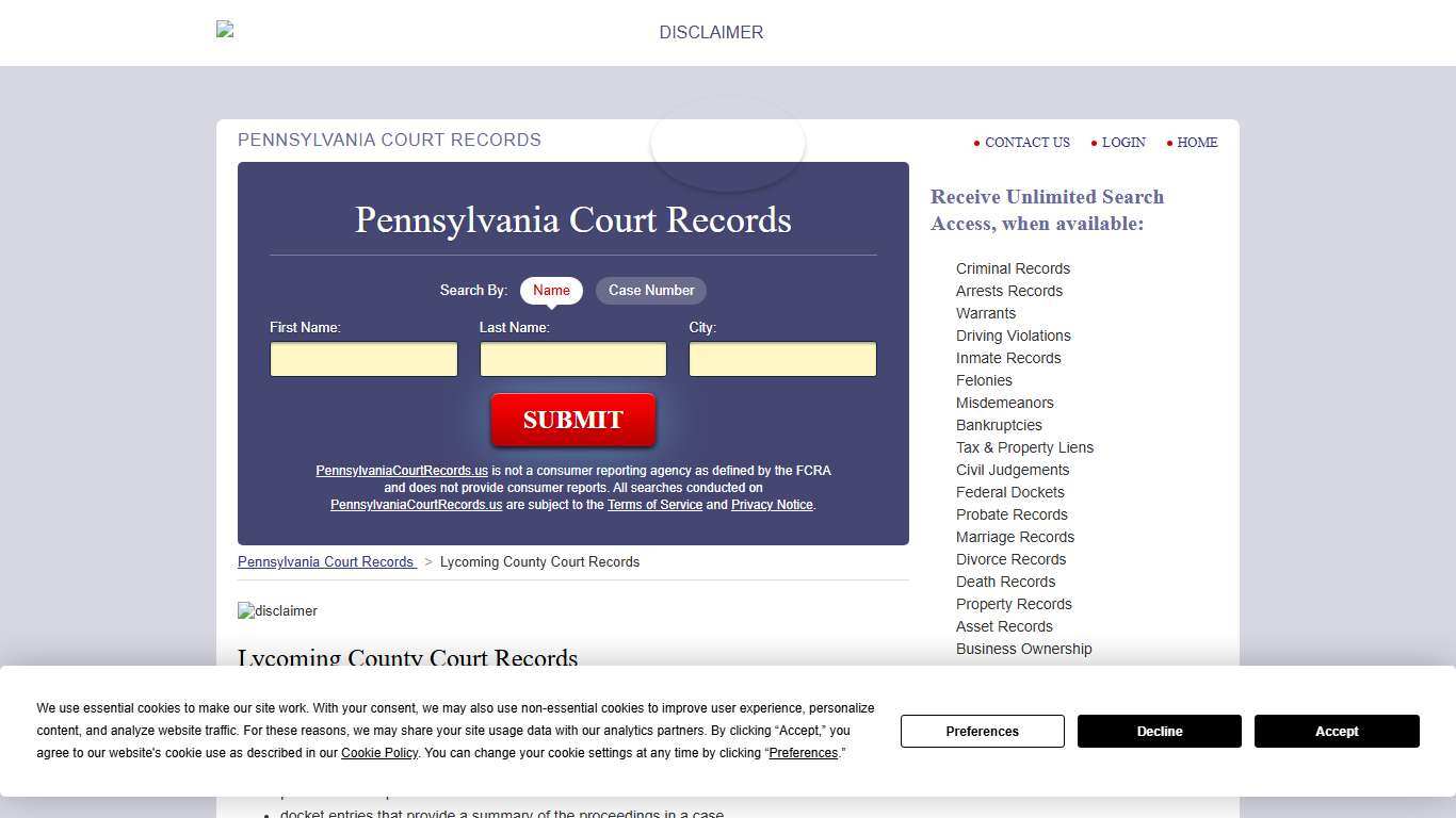 Lycoming County Court Records PennsylvaniaCourtRecords.us